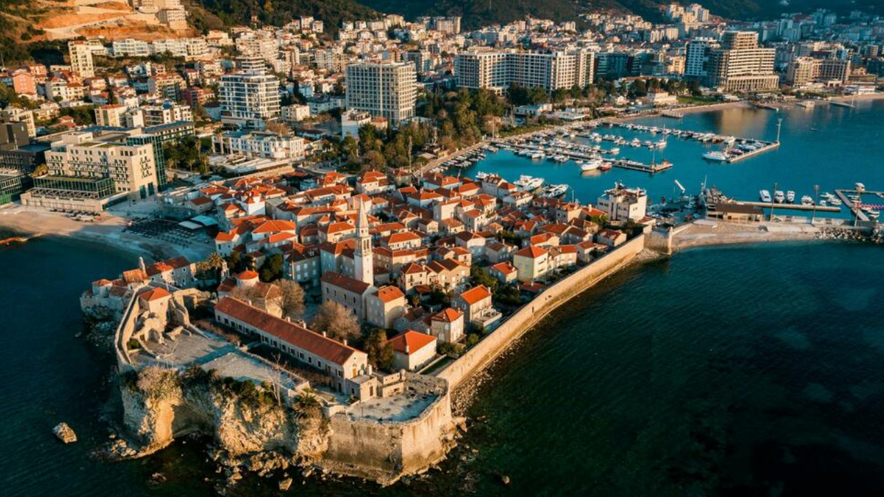 Aerial view of Budva Old Town and marina in Montenegro