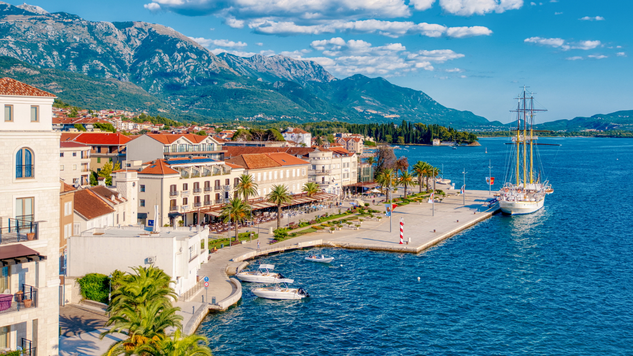 Panoramic view of Tivat waterfront in Montenegro